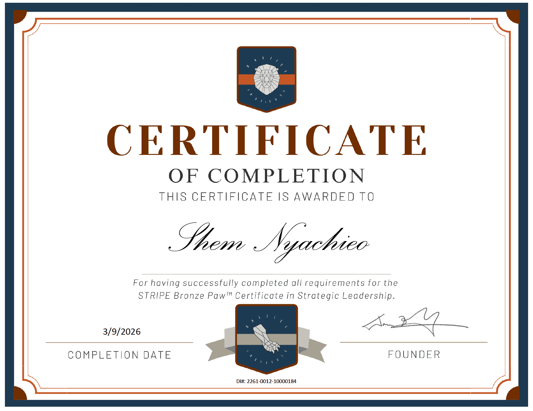 Dalziel Institute STRIPE Bronze Paw Certificate in Strategic Leadership.