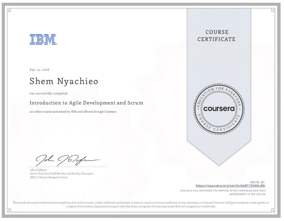 IBM Introduction to Agile Development and Scrum course certificate via Coursera.