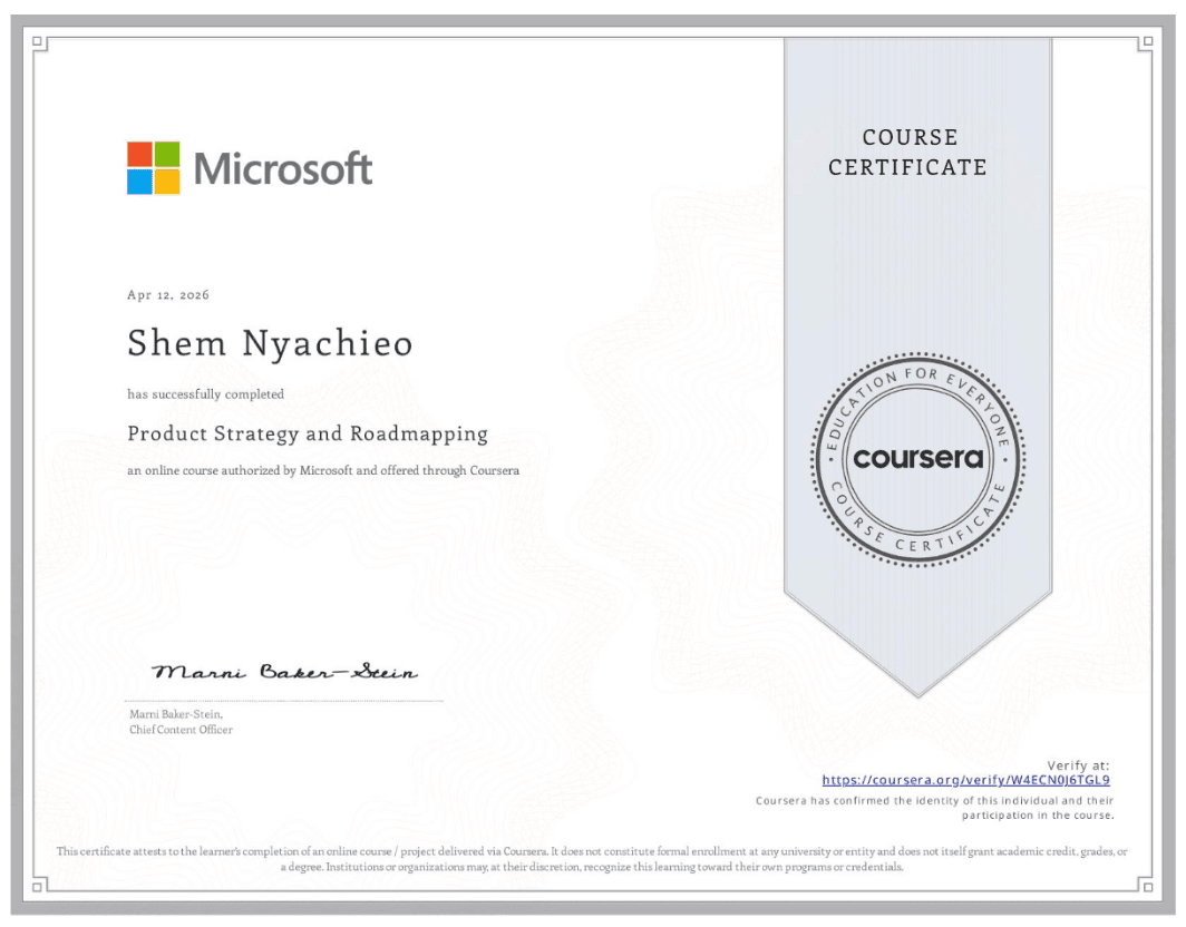 Microsoft Product Strategy and Roadmapping course certificate via Coursera.