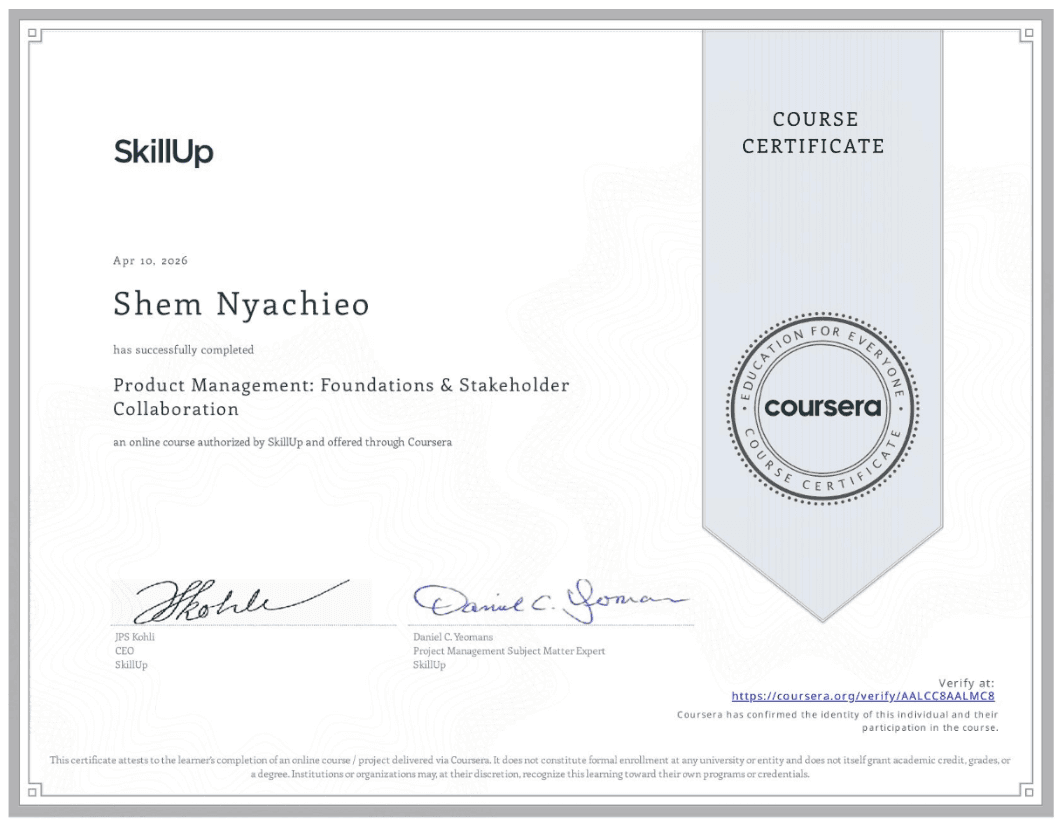 SkillUp Product Management Foundations & Stakeholder Collaboration certificate.